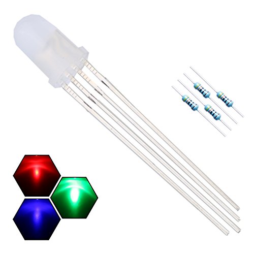 EDGELEC 100pcs 5mm RGB Tri-Color (Red Green Blue Multicolor) 4Pin LED Diodes Common Cathode Diffused Round Lens 29mm Long Lead +300pcs Resistors (for DC 6-12V) Included,Light Emitting Diodes