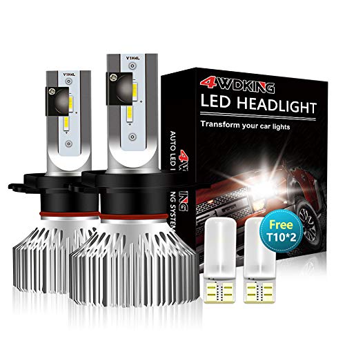 4WDKING H4 LED Headlight Bulbs - Fanless Super Bright High/Low Beam 60W 8000LM 6500K Cool White 9003 Conversion Kit with T10 x2