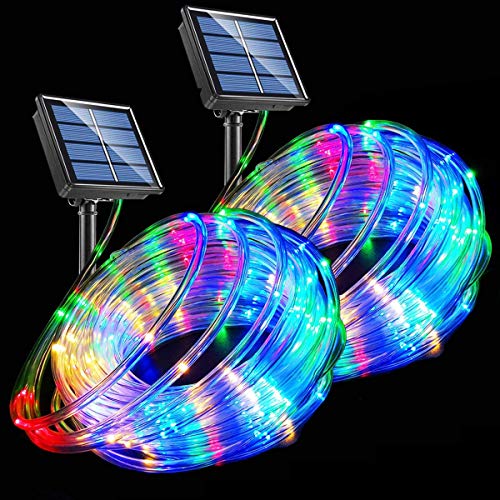 LED Rope Lights Solar Powered String Lights 40Ft 120 LEDs 8 Modes Color Changing Tube Light Indoor Outdoor Waterproof Strip Fairy Lights for Garden Patio Christmas Party Camping Holiday Décor, 2 Pack