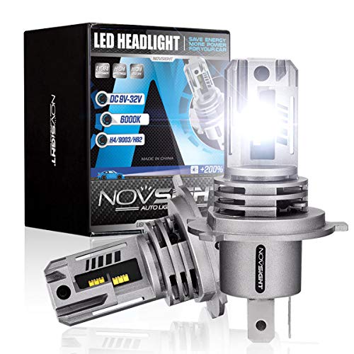 NOVSIGHT H4/9003/HB2 LED Headlight Bulbs, 12000 Lumens 1:1 Size Design Headlights Conversion Kits, 6500K Xenon White 55W Hi/Lo Beam, Fast Installation Halogen Replacement