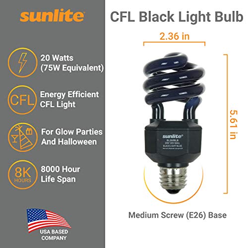 Sunlite 05439-SU CFL Black Light Bulb (BLB), Perfect For Halloween, Spiral Blacklight, 20 Watts, 120 Volts, Medium Base (E26), 463nm, UL Listed, 1 Pack
